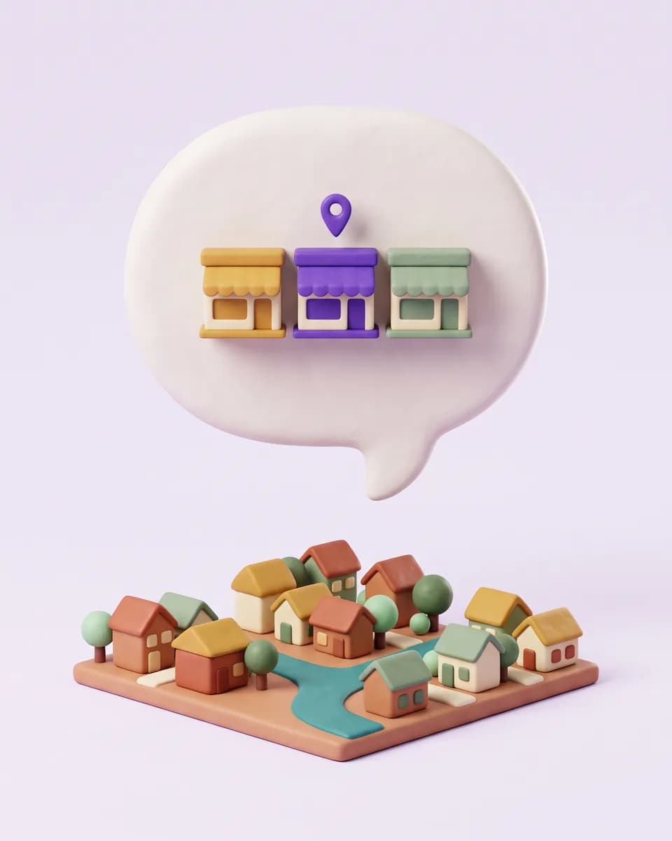 A clay model of a small town with a large speech bubble floating above it. Inside the bubble sit just three shops lifted out of the town, the middle one violet with a map pin, while the rest of the town stays below.