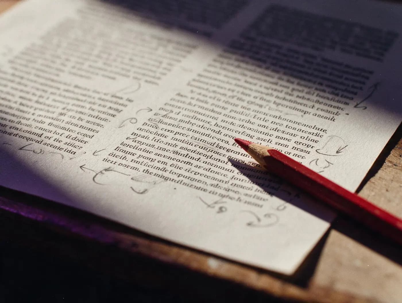 A printed page proof on a desk, marked up in pencil in the margins with a red editing pencil resting across it.