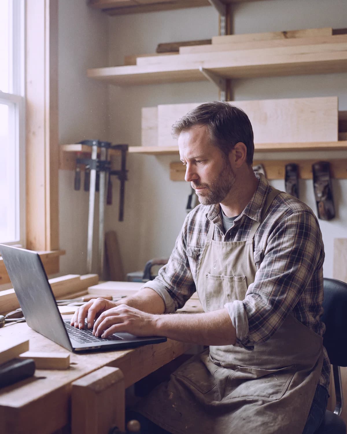 A cabinet maker in a canvas apron typing on a laptop at the desk in the corner of his workshop, maple boards and clamps on the wall behind him.
