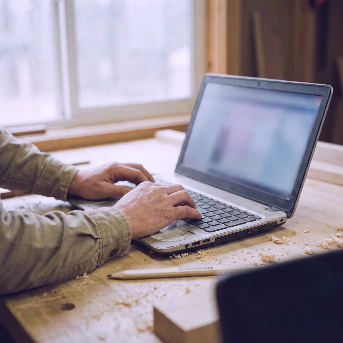 A woodworker's hands typing on a laptop on the workbench, wood shavings and a carpenter's pencil beside it.