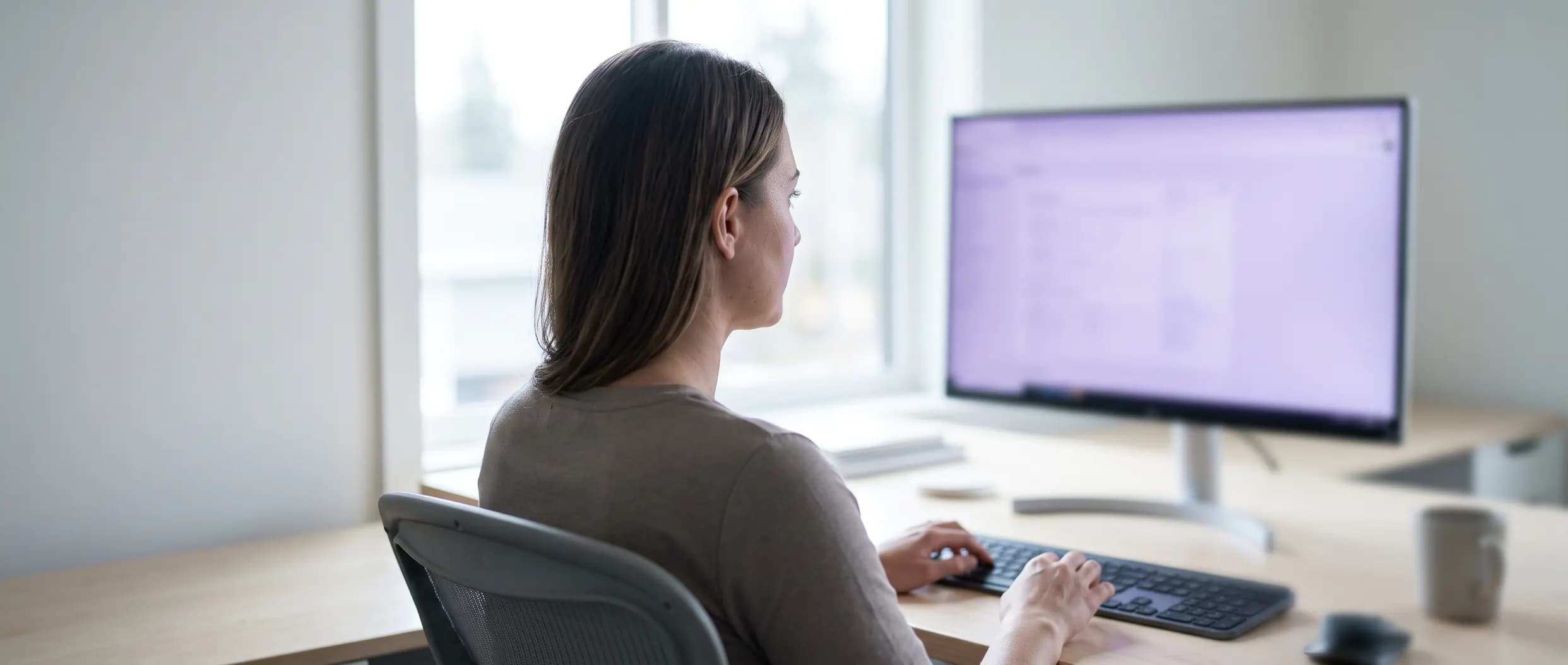 A search specialist at a bright Spokane office desk, working through a site's ranking positions on a large monitor.