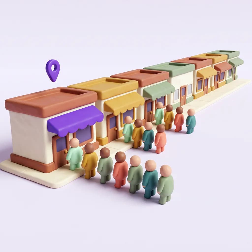 A clay model of a small-town main street. A long line of customers waits outside the first shop, the one with the violet awning and map pin; the next two shops have a few people each, and every shop further down the street is empty.