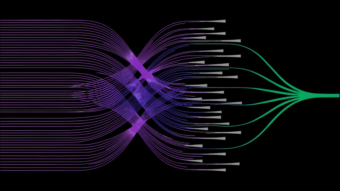 A flow diagram: dozens of fine strands enter from the left, most stop part-way across, and the few that survive gather into one heavy line leaving on the right.