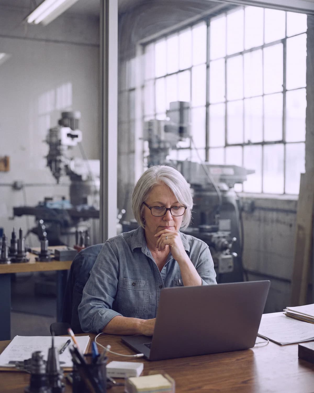 The owner of a small machine shop at her desk in the glass-walled shop office, chin in her hand, studying her laptop, milling machines behind her.