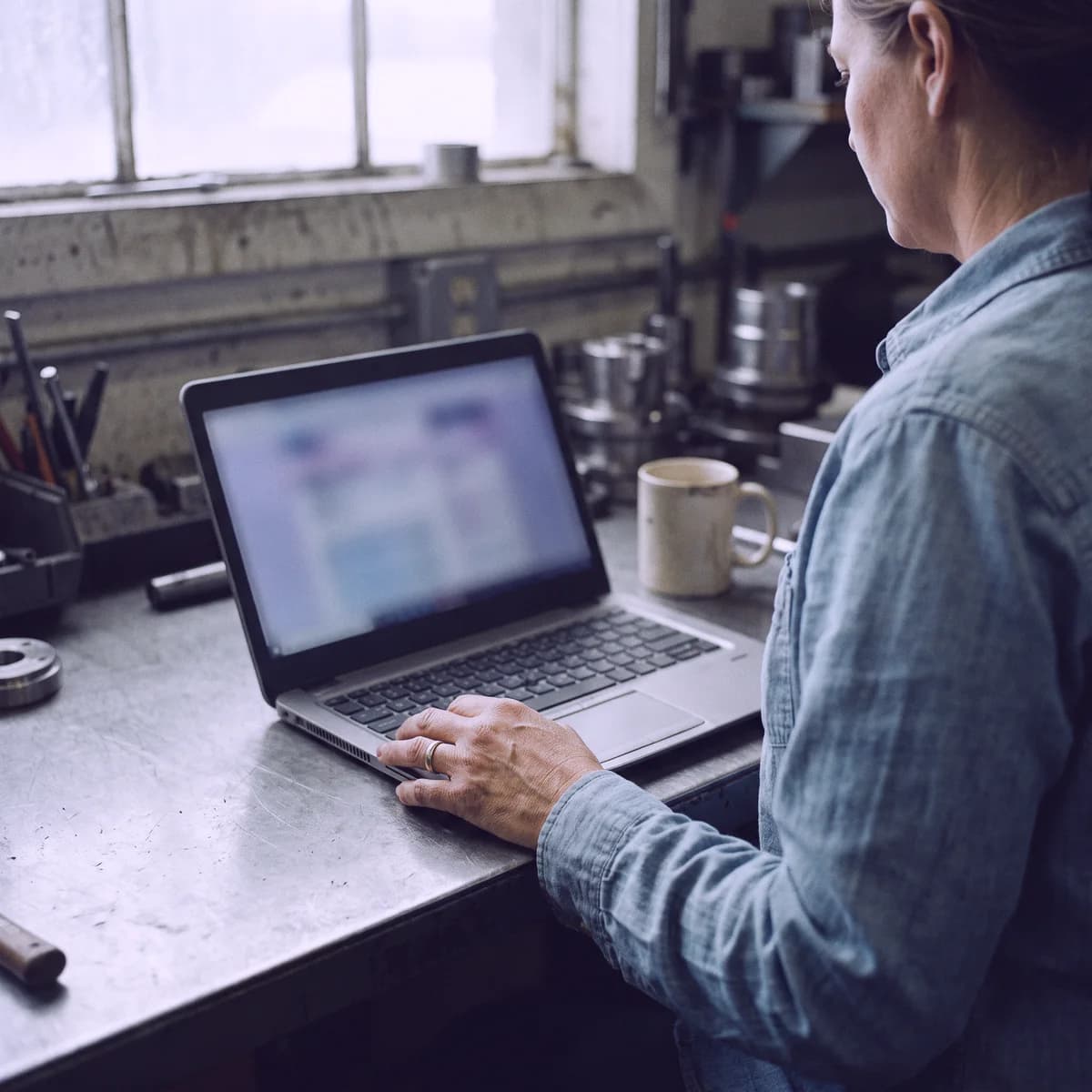 Over the shoulder of a shop owner, one hand on her laptop's trackpad beside a mug of coffee on a steel desk.