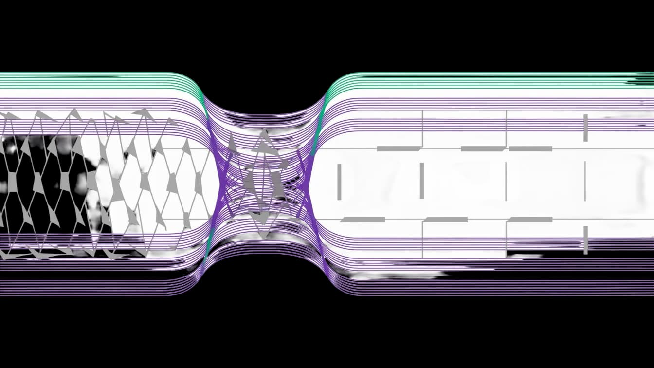 A flow diagram: level strands run left to right through a narrow waist where the structure around them changes from a crowded lattice to an open framework, every strand leaving at exactly the height it entered.