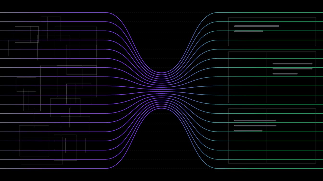 A flow diagram: level strands run left to right through a narrow waist where the structure around them changes from a crowded lattice to an open framework, every strand leaving at exactly the height it entered.